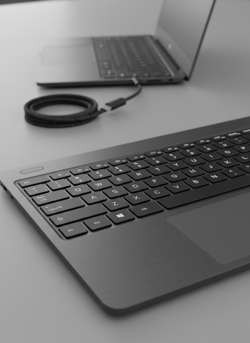 A close-up, detailed shot of a refurbished laptop’s keyboard and trackpad, the matte black keys crisp and evenly spaced, with no shine or wear, and the smooth, expansive touchpad framed by a brushed aluminum palm rest. Tiny reflections from soft studio lights trace the key edges, emphasizing cleanliness and precision. In the out-of-focus background, a second laptop and a coiled charging cable sit on a neutral gray desk surface, hinting at inventory. Photographic realism, captured from a low, side angle with shallow depth of field, focusing sharply on the central keys. The mood is technical and meticulous, underscoring quality assurance and the like-new condition that EchoWire Technologies delivers in each refurbished device.