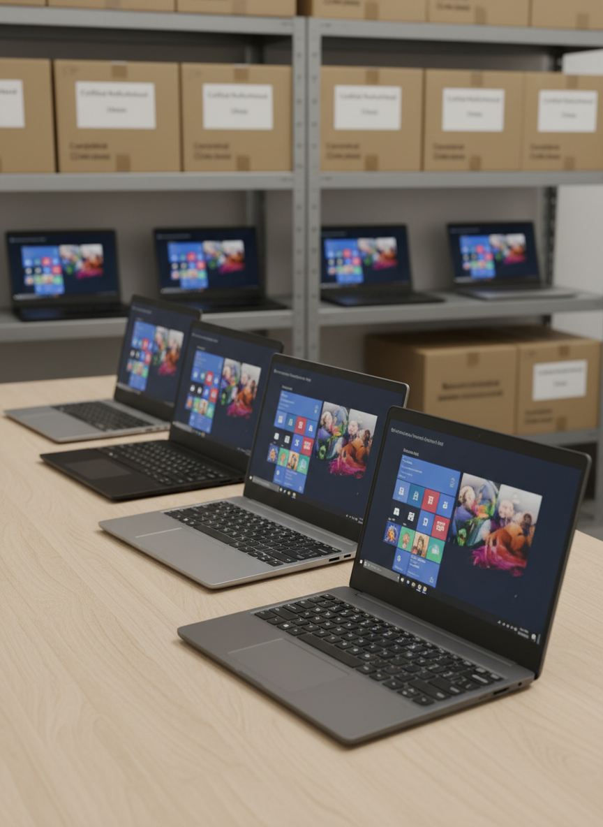 A neatly arranged selection of refurbished business laptops displayed on a clean, light-wood desk, each open at a slightly different angle to showcase crisp, vibrant screens and pristine keyboards. The devices have brushed aluminum and matte black finishes, with no visible wear, emphasizing like-new quality. In the background, softly blurred shelving holds labeled boxes and carefully stacked devices, suggesting a professional Illinois refurbishment workshop. Soft studio lighting from above and the left creates gentle highlights on metal edges and clear reflections on the screens. Photographic realism, eye-level composition with a slight three-quarter angle, sharp focus on the front row of laptops and a subtle bokeh background, conveying trust, professionalism, and technical precision.