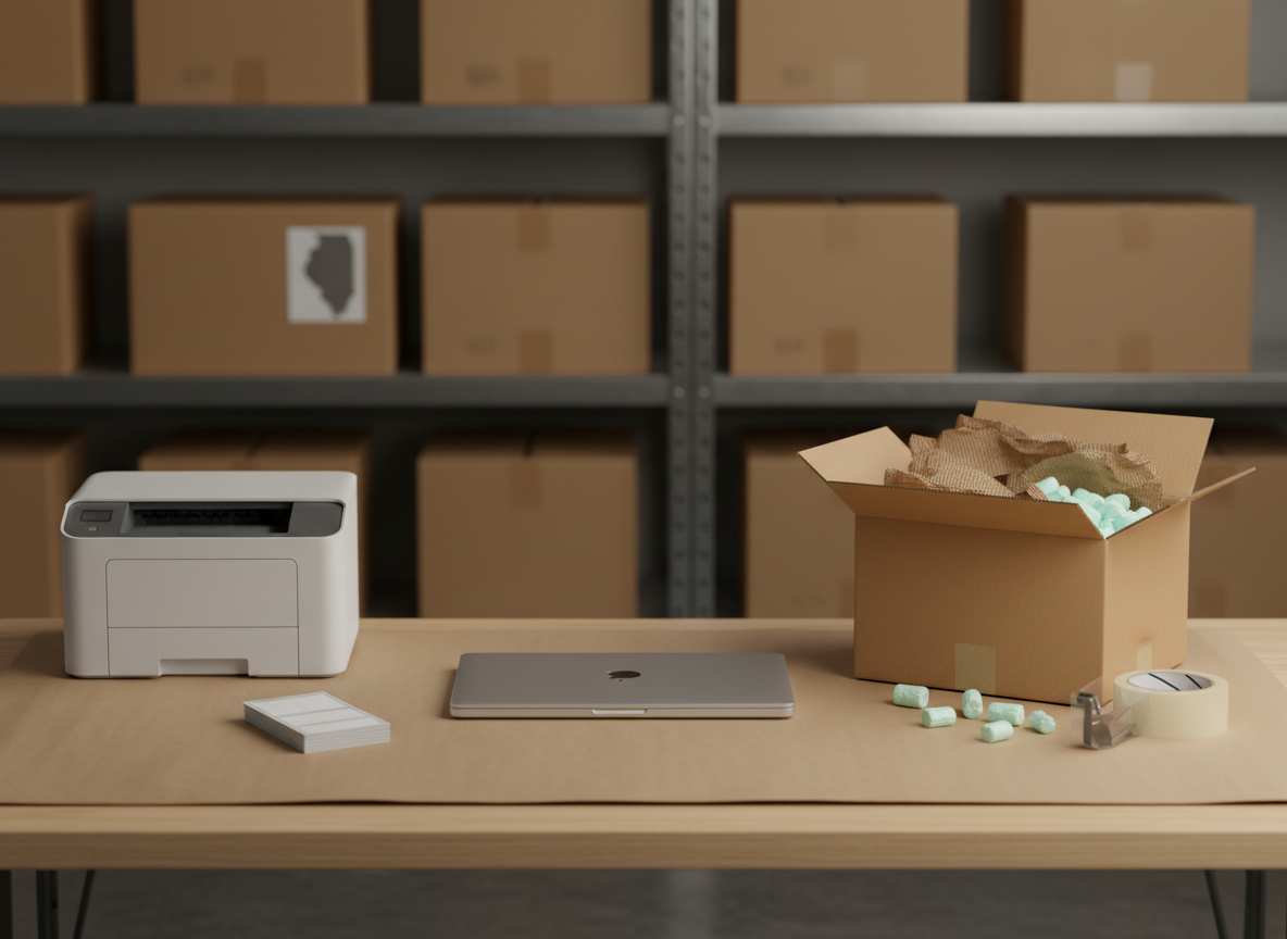 A tidy packing and shipping station prepared for sending refurbished laptops to customers, featuring a like-new laptop closed and centered on a kraft paper–lined table, alongside a snugly fitted cardboard shipping box, eco-friendly protective padding, and a roll of clear tape. A small, modern inkjet printer and a stack of blank labels sit off to the side, all without visible text. Warm, even overhead lighting creates soft shadows under the objects and a welcoming, reliable atmosphere. The background includes blurred shelving with uniformly stacked boxes, hinting at an efficient Illinois-based operation. Photographic realism, eye-level angle with a balanced, centered composition and moderate depth of field, emphasizing professionalism, care in packaging, and dependable delivery.