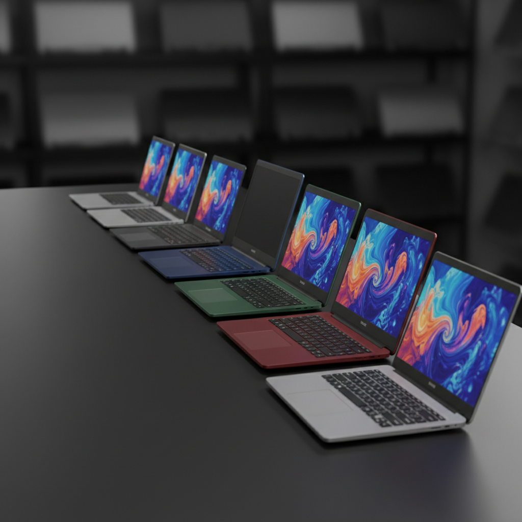 A row of assorted refurbished laptops—ranging from slim ultrabooks to slightly larger professional models—lined up diagonally across a matte black surface, each slightly open to reveal spotlessly clean keyboards and vibrant, non-textual abstract screens. Subtle differences in color and design showcase variety while maintaining a cohesive, high-end look. A dark, neutral background fades into soft blur, with a faint suggestion of shelving to indicate organized inventory. Dramatic, directional side lighting from the right creates sleek highlights on metallic edges and gentle gradients across the lids, giving a premium, gallery-like presentation. Photographic realism, captured from a low, three-quarter angle, with a strong sense of depth, evoking choice, reliability, and a curated selection of refurbished laptops.