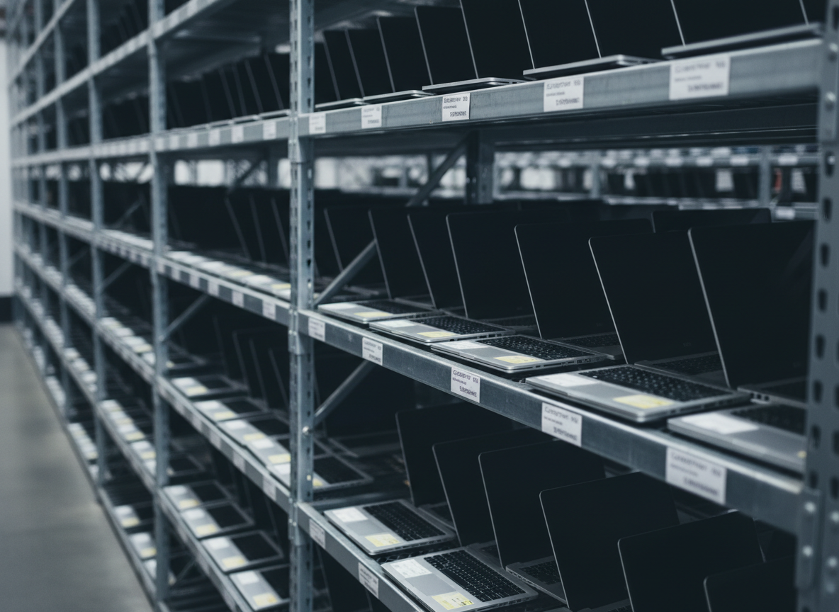 A wide, professional photographic shot of neatly stacked and organized refurbished laptops in a clean warehouse inventory setting.