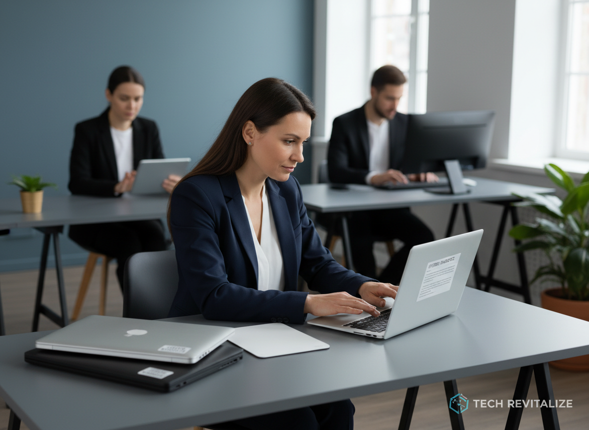 A business reseller inspecting a refurbished laptop on a neutral gray desk in a bright office.